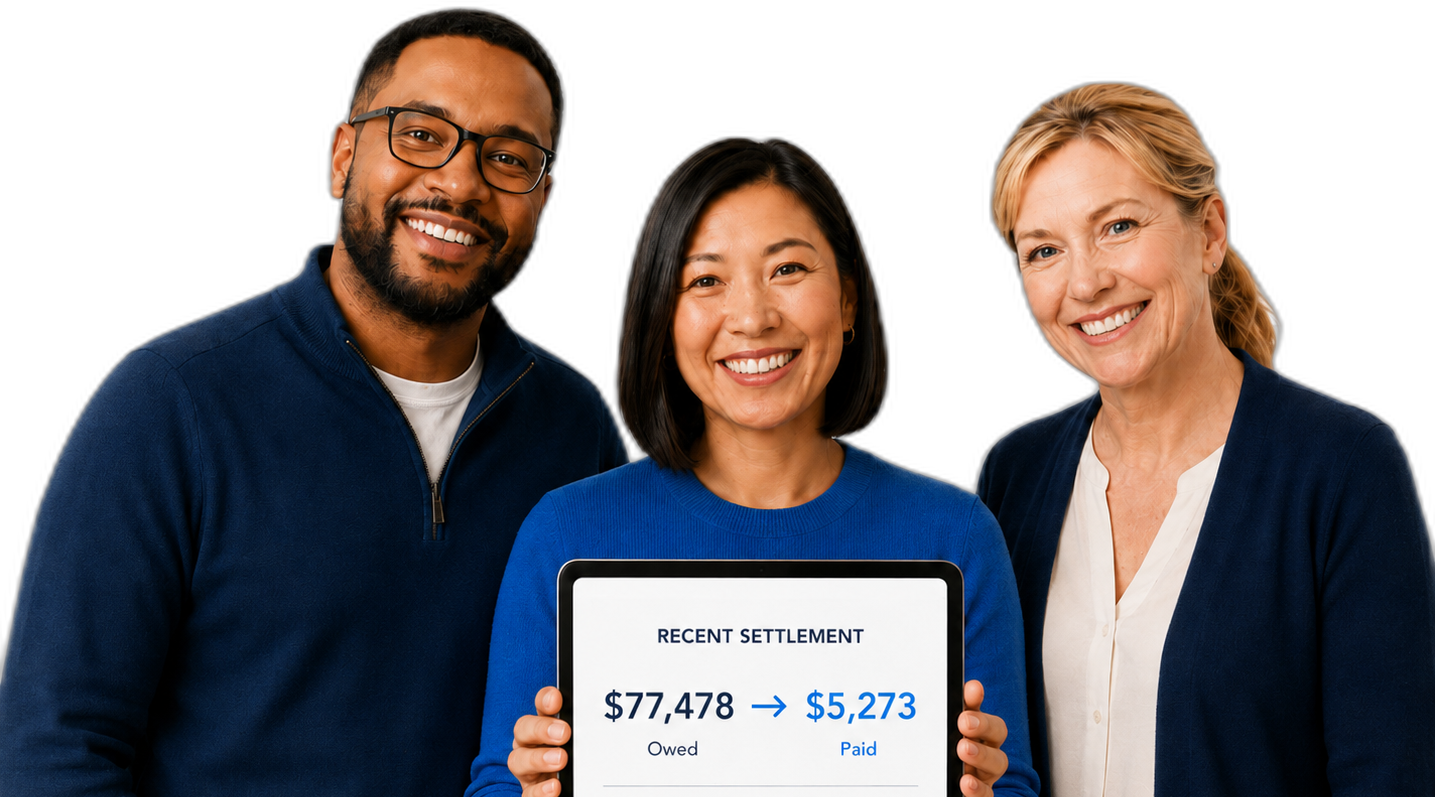Three people holding a tablet that displays an IRS settlement summary